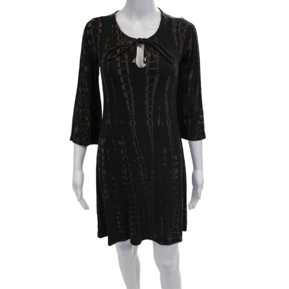 Viereck Women Shift Dress Black Snake Print 3/4 Sleeve Midi Size XS